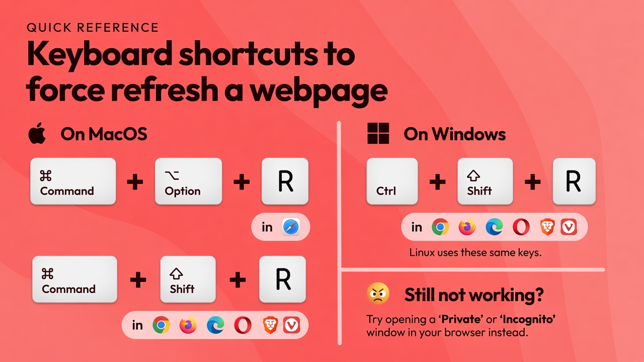 Keyboard shortcuts to force refresh a webpage. Safari on Mac is Command + Option + R. Other Mac browsers are Command + Shift + R. Windows and Linux are Ctrl + Shift + R.